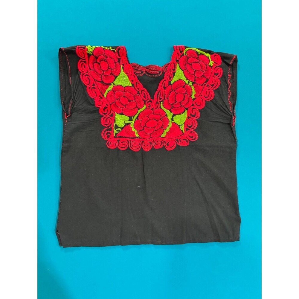 Women's Black Mexican Embroidered Floral Blouse Top XS-S